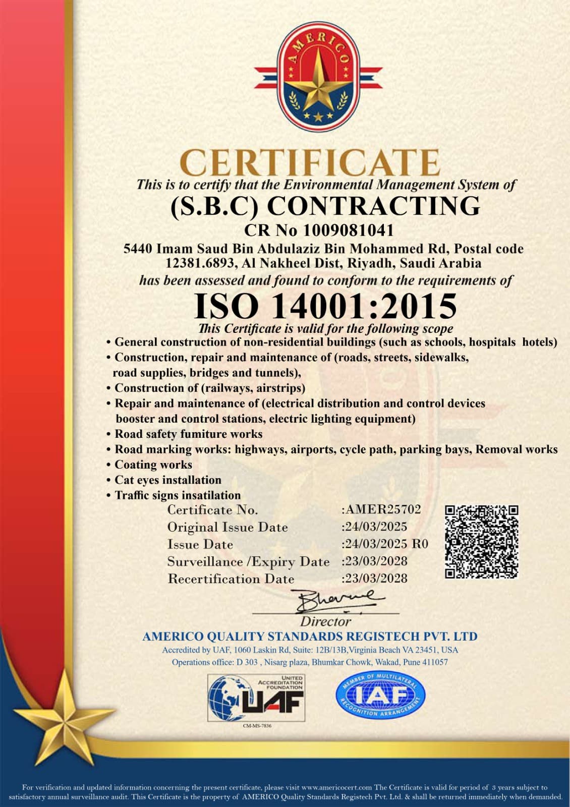 ISO 14001:2015 Certificate — SBC Contracting
